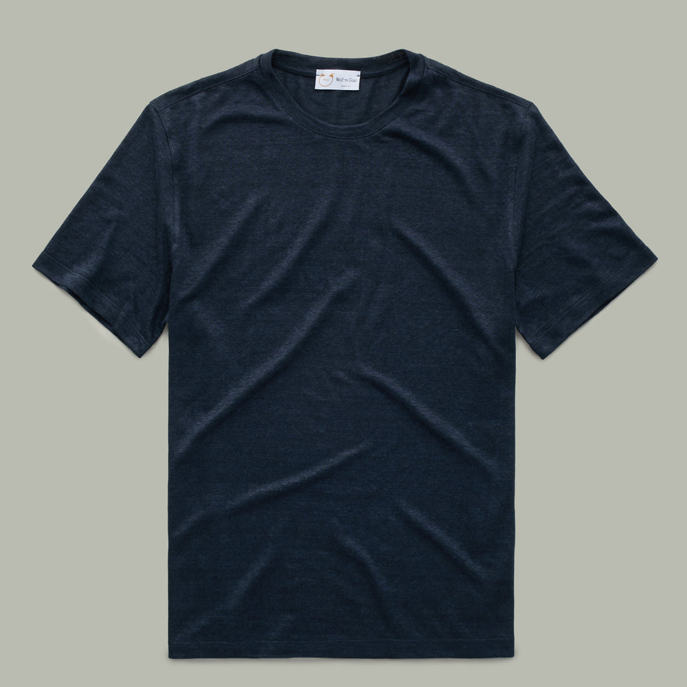 Short Sleeve Linen Crew Neck Tee-Shirt Navy