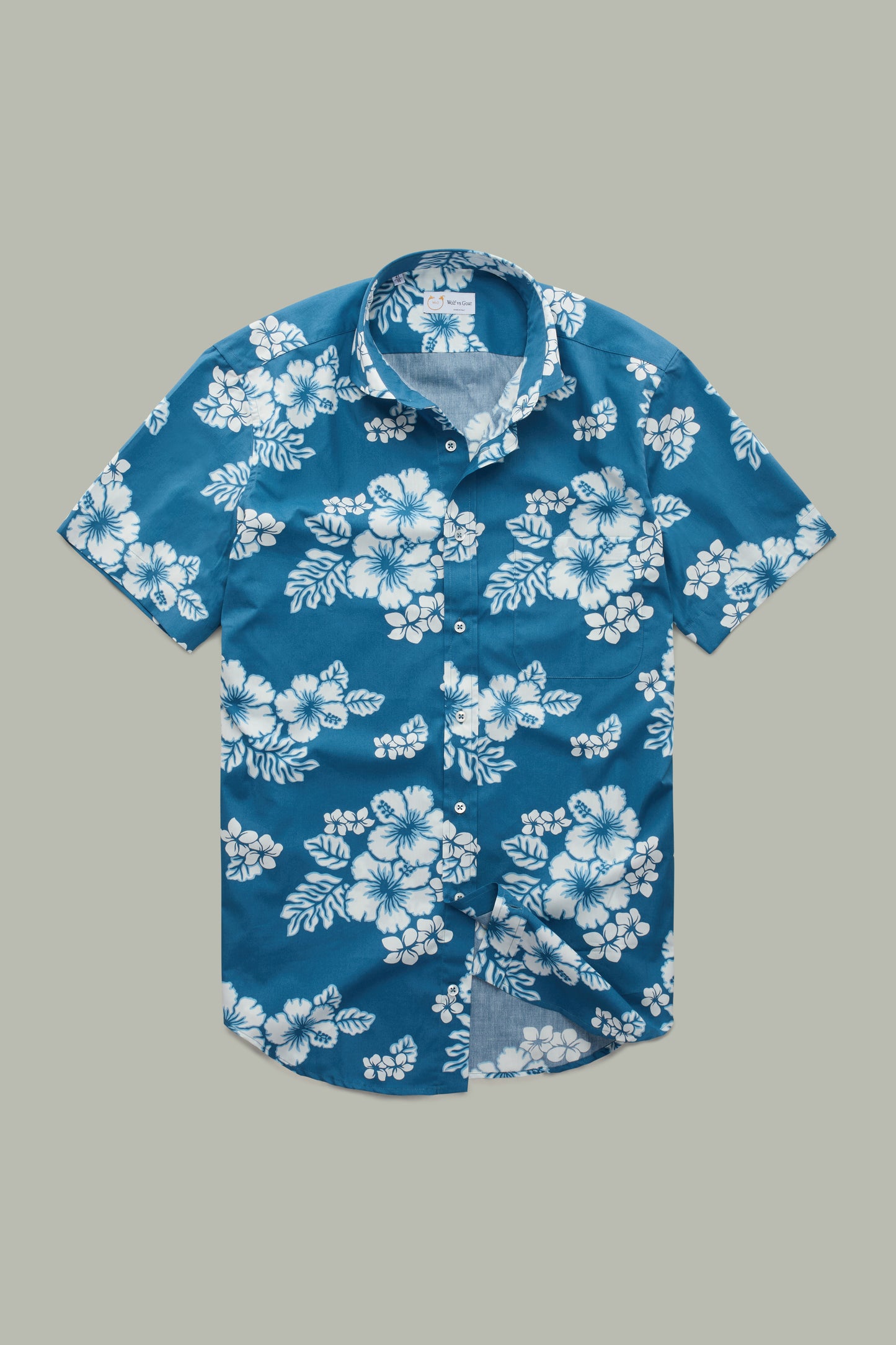 Cotton Short Sleeve After-Dinner Button Up Shirt White Hibiscus Blue Background