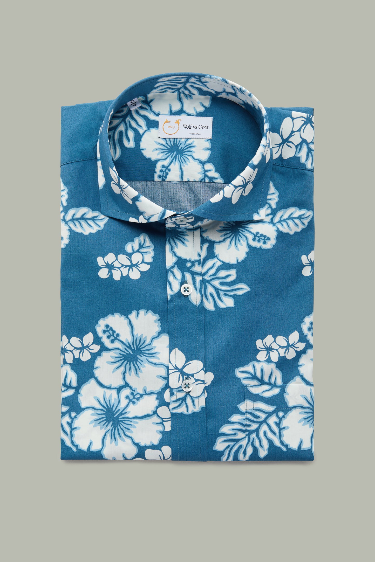 Cotton Short Sleeve After-Dinner Button Up Shirt White Hibiscus Blue Background