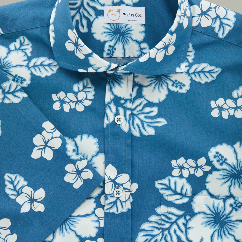 
                  
                    Cotton Short Sleeve After-Dinner Button Up Shirt White Hibiscus Blue Background
                  
                