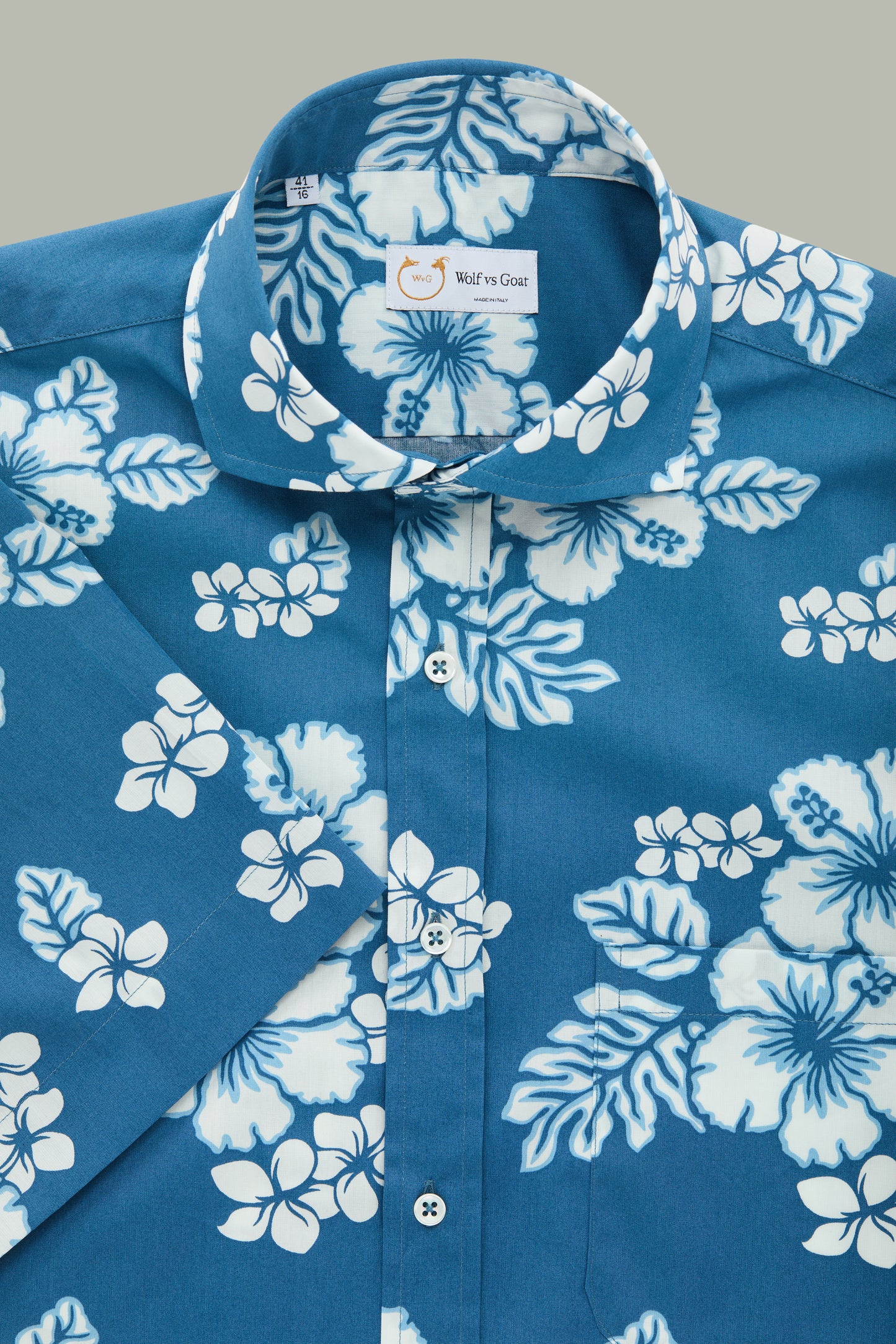 Cotton Short Sleeve After-Dinner Button Up Shirt White Hibiscus Blue Background