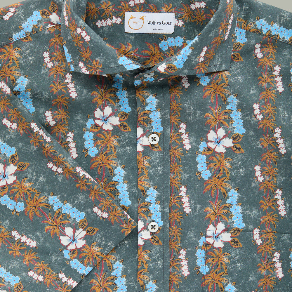 
                  
                    Cotton Short Sleeve After-Dinner Button Up Shirt White and Blue Hibiscus
                  
                