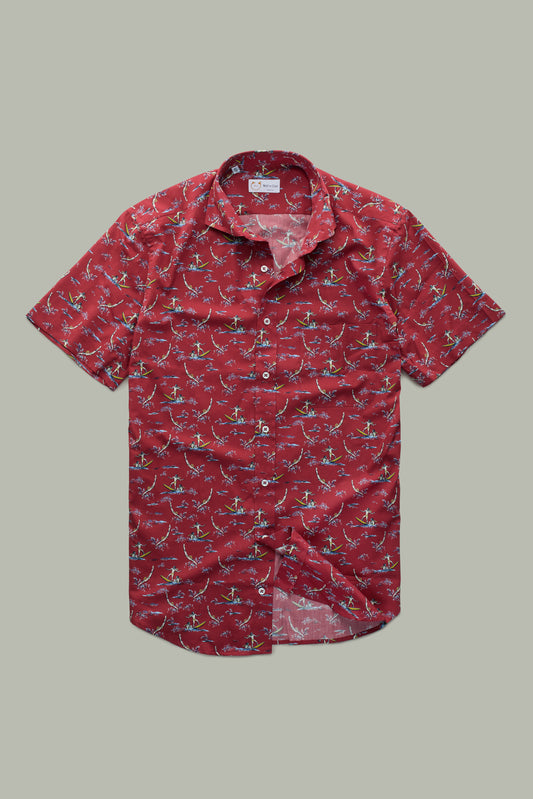 Cotton Short Sleeve After-Dinner Button Up Shirt Red Surfers