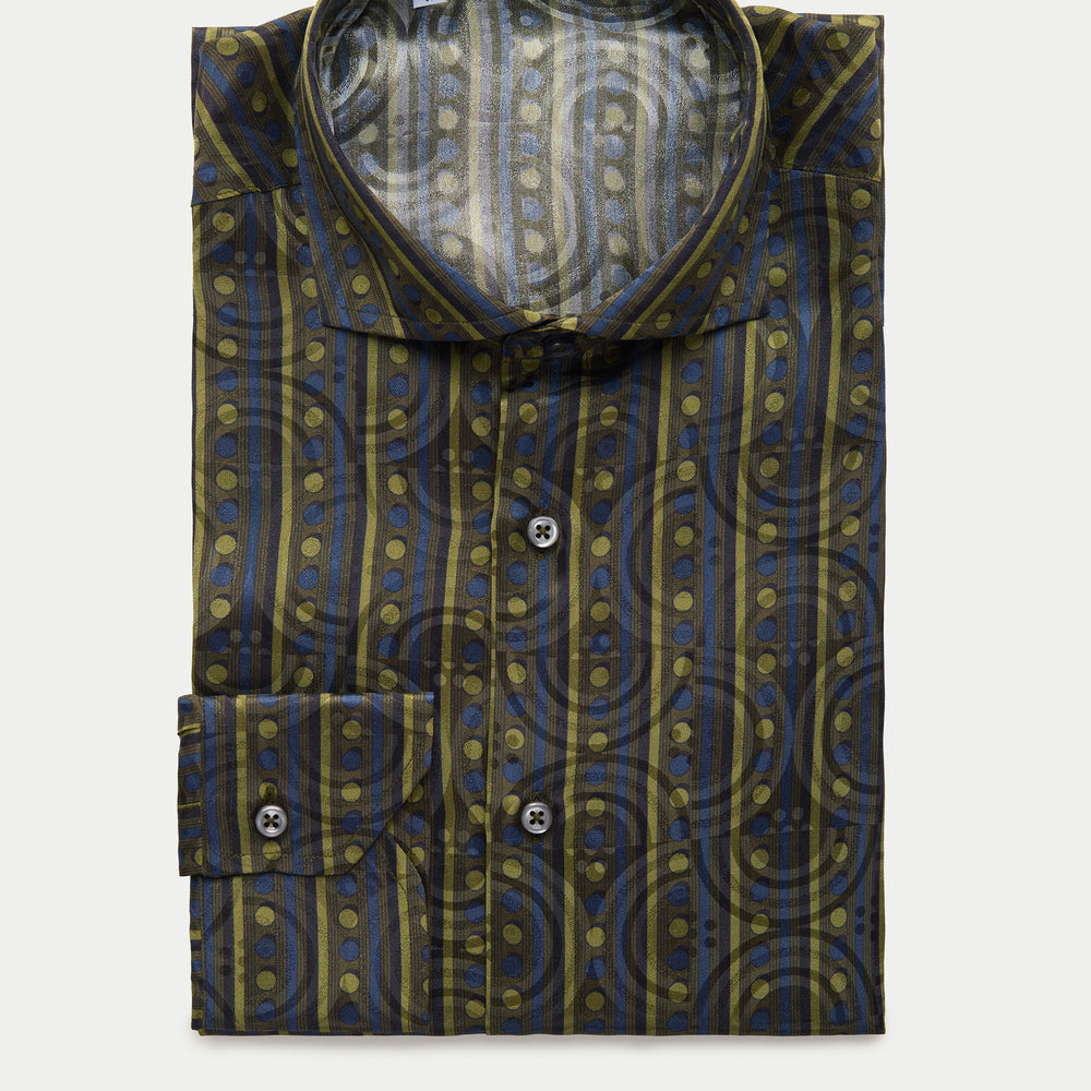 Long Sleeve Silk Jacquard Printed Shirt Gold Brown and Blue Patterns