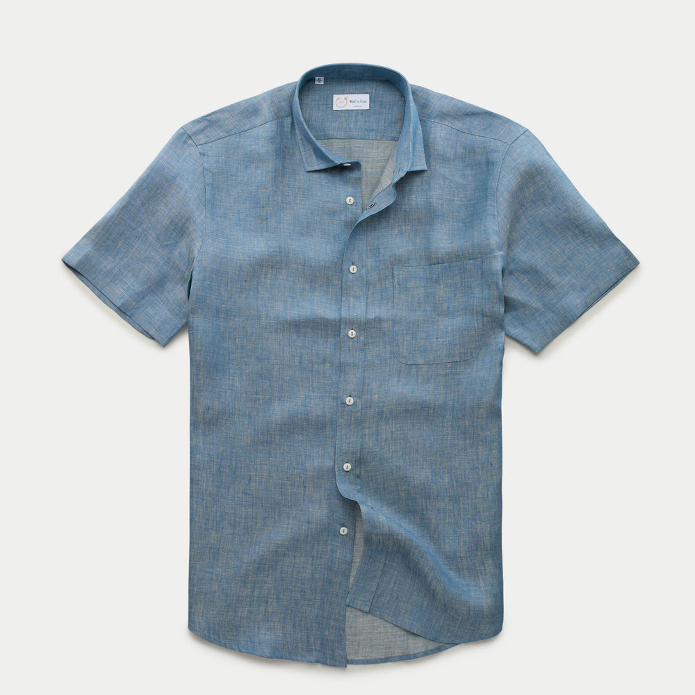 Regular Short Sleeve Linen Shirt Chambray Blue