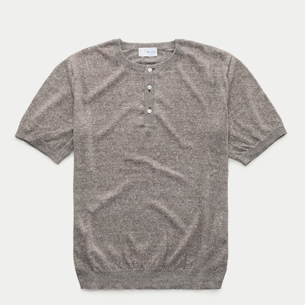 Short Sleeve Linen Cotton Knitted Henley Brown Melange