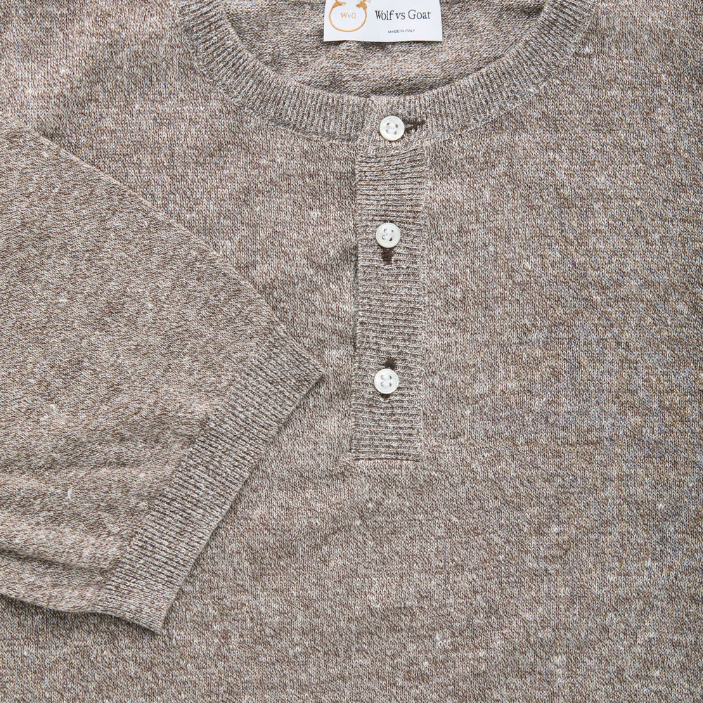 Short Sleeve Linen Cotton Knitted Henley Brown Melange