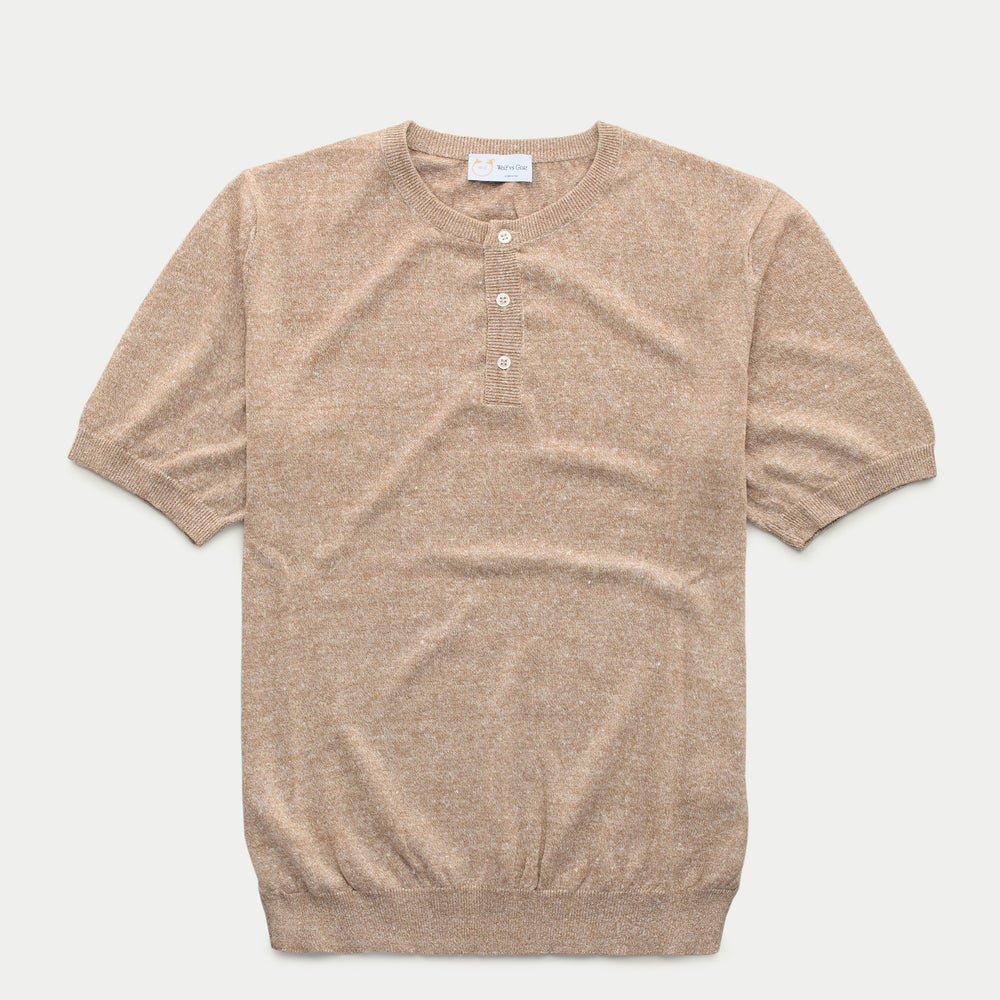 Short Sleeve Linen Cotton Knitted Henley Wheat