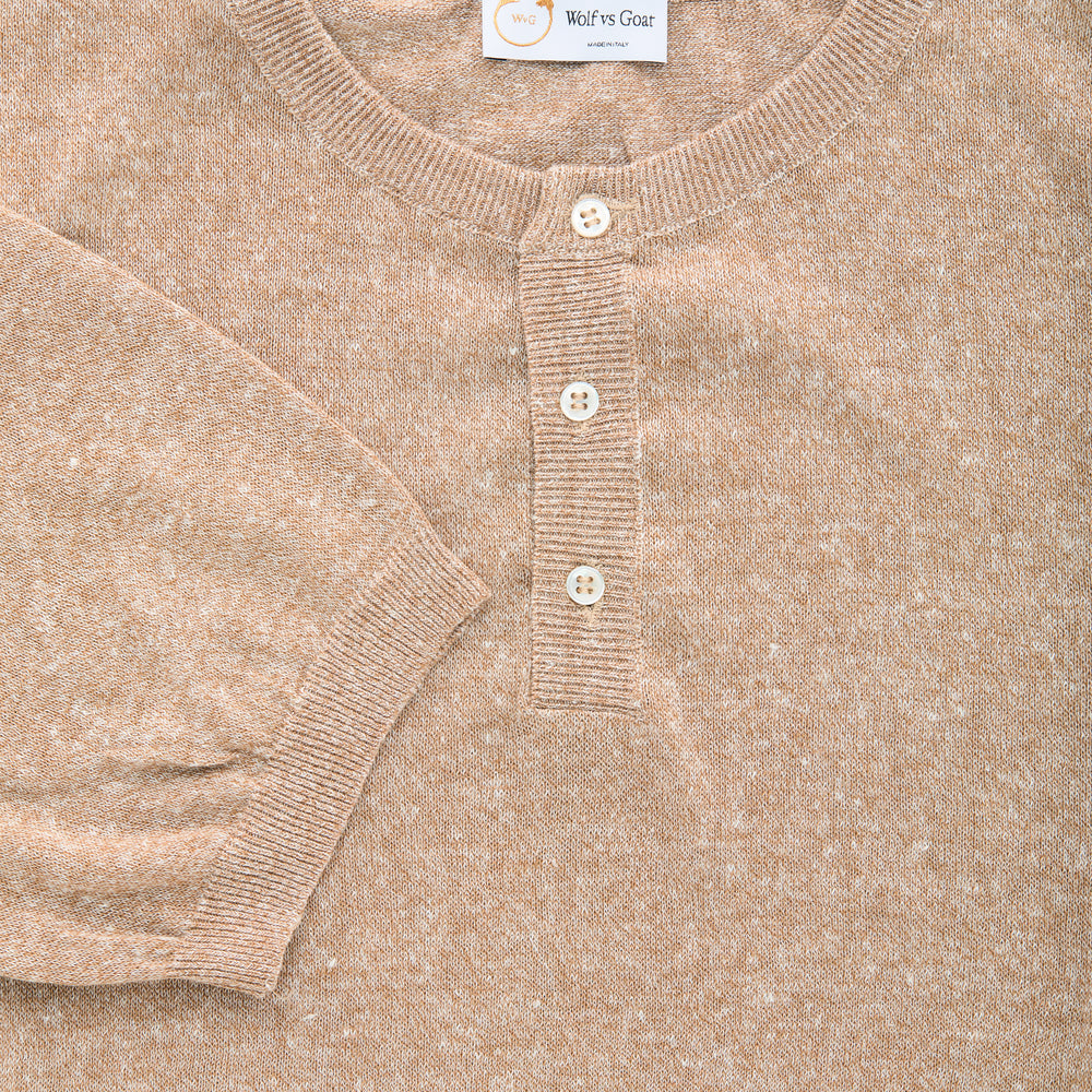 Short Sleeve Linen Cotton Knitted Henley Wheat