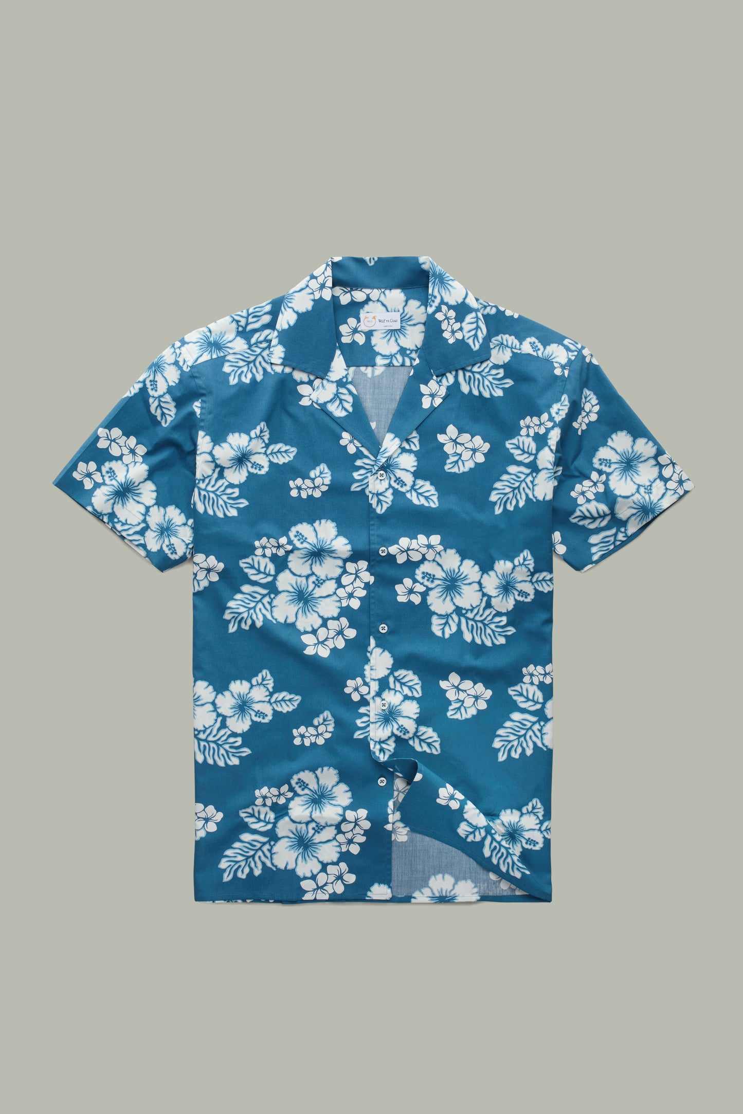 Cotton Bowling Shirt White Hibiscus Blue Background