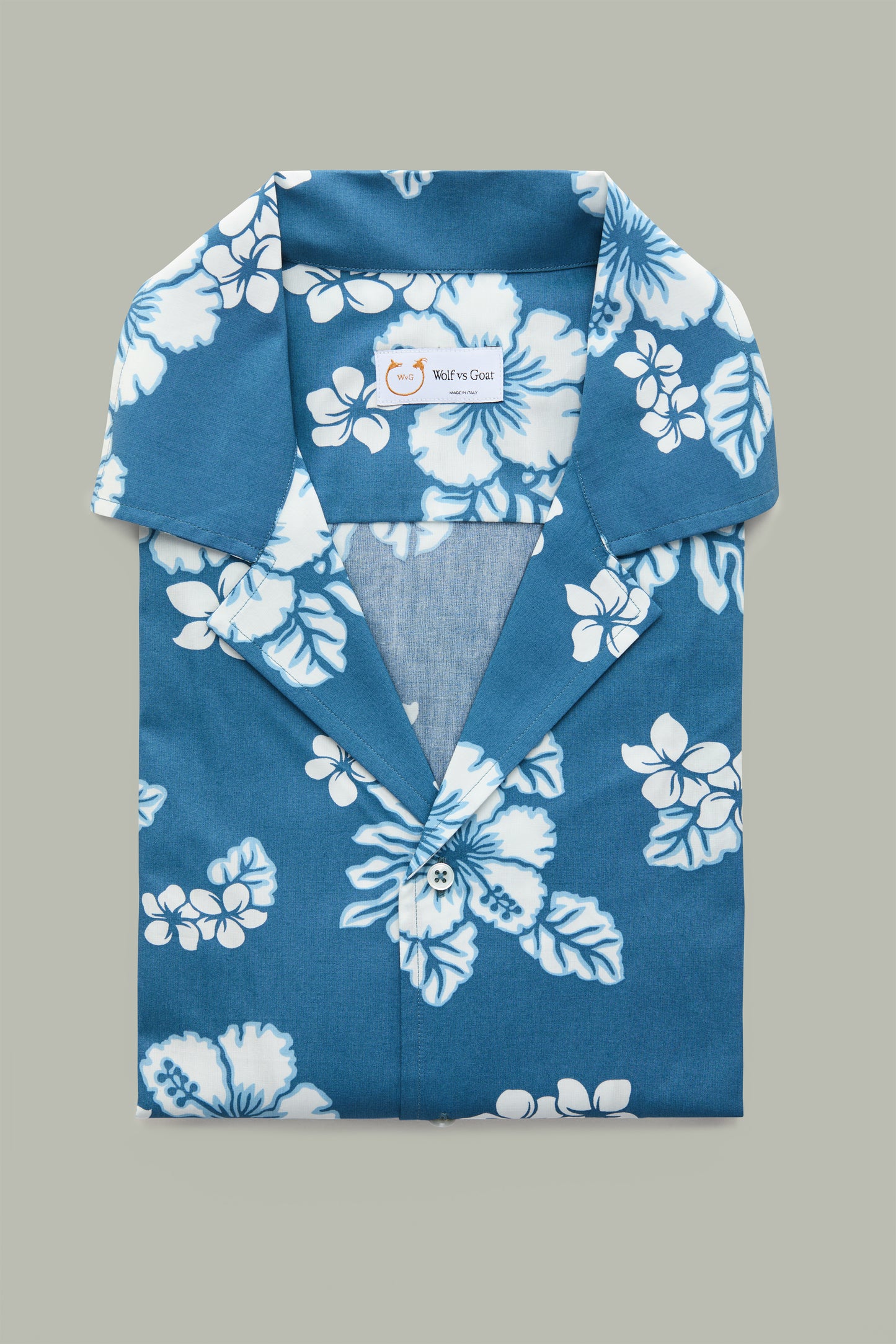 Cotton Bowling Shirt White Hibiscus Blue Background