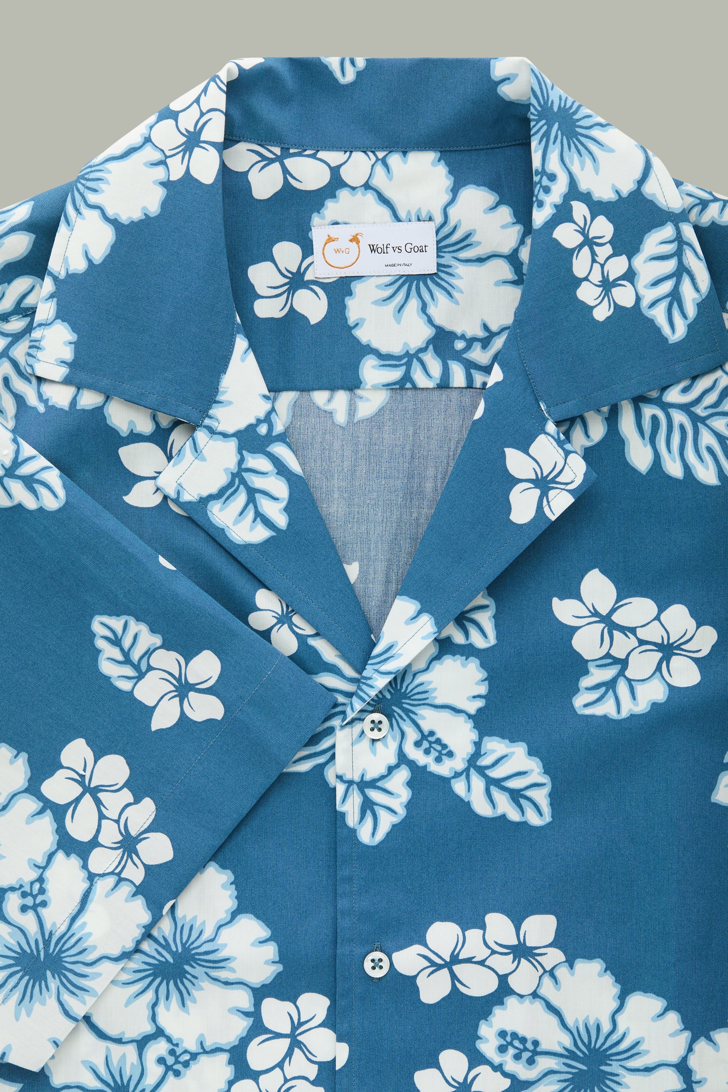 Cotton Bowling Shirt White Hibiscus Blue Background