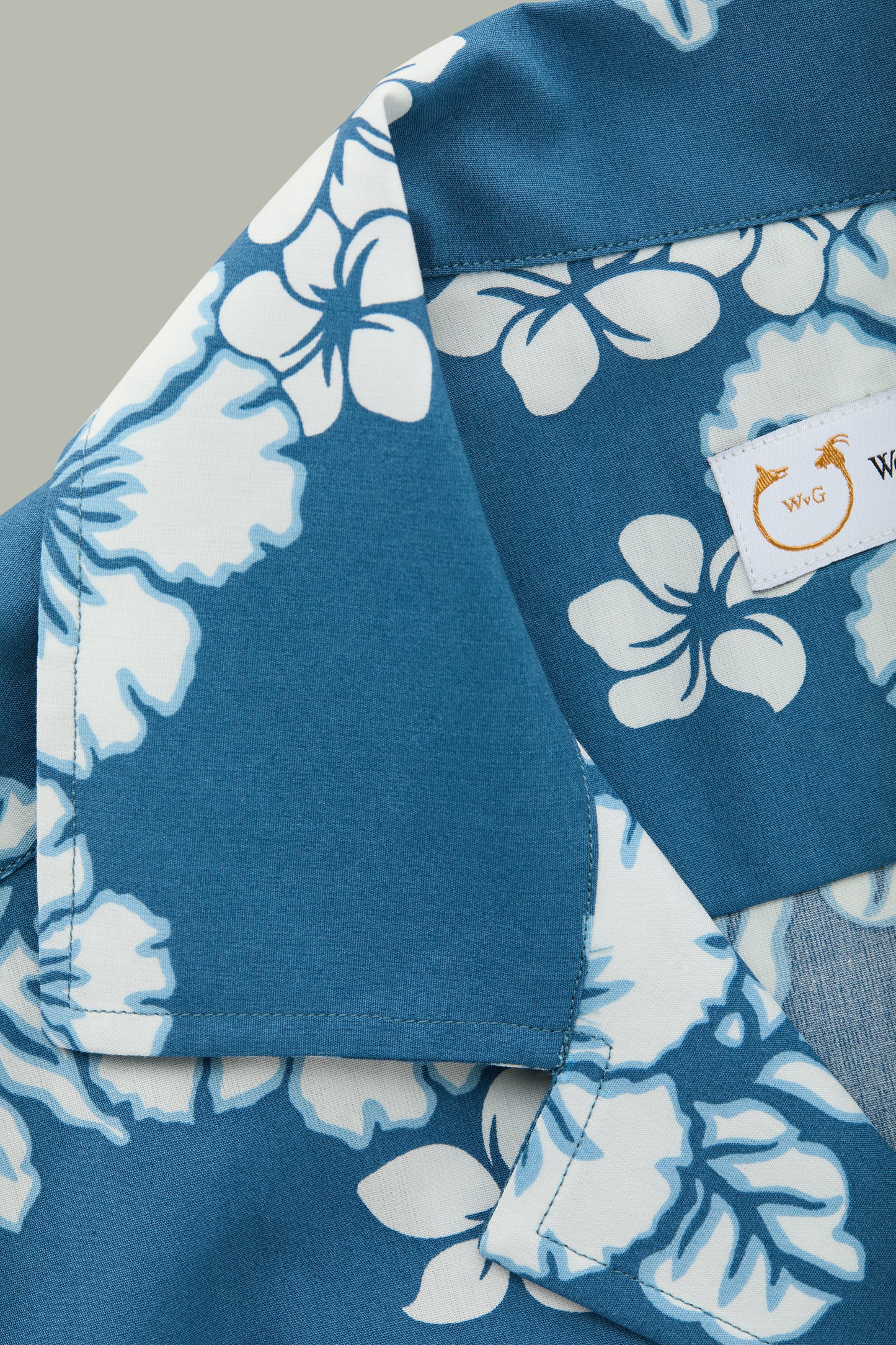 Cotton Bowling Shirt White Hibiscus Blue Background